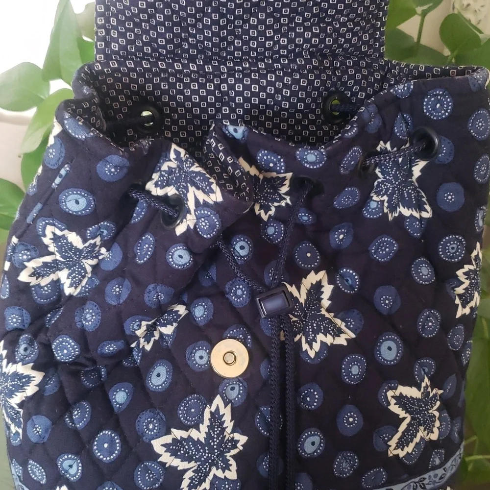 Vintage Vera Bradley Blue Coin Quilted Drawstring Backpack Bag